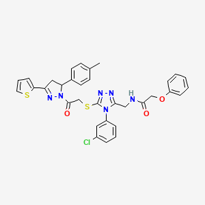 molecular formula C33H29ClN6O3S2 B2508073 N-{[4-(3-chlorophenyl)-5-({2-[5-(4-methylphenyl)-3-(thiophen-2-yl)-4,5-dihydro-1H-pyrazol-1-yl]-2-oxoethyl}sulfanyl)-4H-1,2,4-triazol-3-yl]methyl}-2-phenoxyacetamide CAS No. 393585-05-2