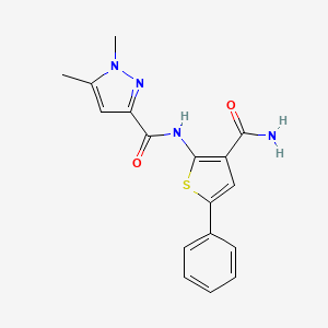 molecular formula C17H16N4O2S B2508095 N-(3-carbamoyl-5-phenylthiophen-2-yl)-1,5-dimethyl-1H-pyrazole-3-carboxamide CAS No. 1014075-13-8