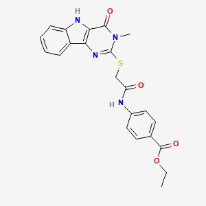 molecular formula C22H20N4O4S B2508129 ethyl 4-(2-((3-methyl-4-oxo-4,5-dihydro-3H-pyrimido[5,4-b]indol-2-yl)thio)acetamido)benzoate CAS No. 537667-82-6