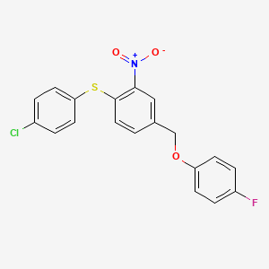 molecular formula C19H13ClFNO3S B2508405 4-[(4-Chlorophenyl)sulfanyl]-3-nitrobenzyl 4-fluorophenyl ether CAS No. 477869-49-1