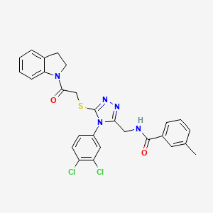 molecular formula C27H23Cl2N5O2S B2508434 N-((4-(3,4-dichlorophenyl)-5-((2-(indolin-1-yl)-2-oxoethyl)thio)-4H-1,2,4-triazol-3-yl)methyl)-3-methylbenzamide CAS No. 391916-12-4
