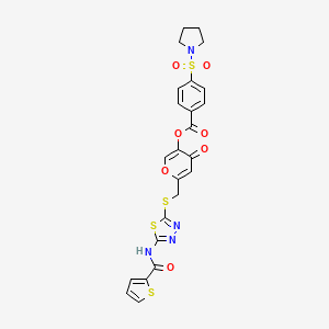 molecular formula C24H20N4O7S4 B2508462 4-oxo-6-(((5-(thiophene-2-carboxamido)-1,3,4-thiadiazol-2-yl)thio)methyl)-4H-pyran-3-yl 4-(pyrrolidin-1-ylsulfonyl)benzoate CAS No. 896017-41-7