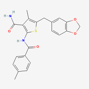 molecular formula C22H20N2O4S B2508490 5-[(2H-1,3-benzodioxol-5-yl)methyl]-4-methyl-2-(4-methylbenzamido)thiophene-3-carboxamide CAS No. 476368-15-7