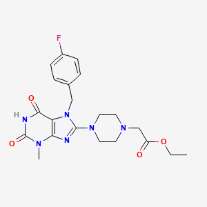 molecular formula C21H25FN6O4 B2508516 ethyl 2-(4-(7-(4-fluorobenzyl)-3-methyl-2,6-dioxo-2,3,6,7-tetrahydro-1H-purin-8-yl)piperazin-1-yl)acetate CAS No. 898409-09-1