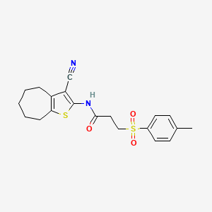 molecular formula C20H22N2O3S2 B2508603 N-(3-cyano-5,6,7,8-tetrahydro-4H-cyclohepta[b]thiophen-2-yl)-3-tosylpropanamide CAS No. 895446-25-0