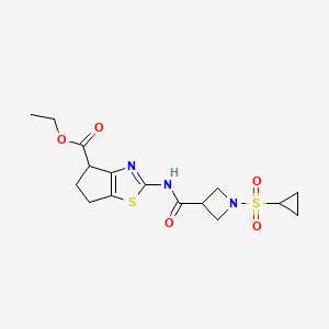 molecular formula C16H21N3O5S2 B2508663 2-(1-(环丙基磺酰)氮杂环丁烷-3-甲酰胺)-5,6-二氢-4H-环戊[d]噻唑-4-甲酸乙酯 CAS No. 1428364-15-1