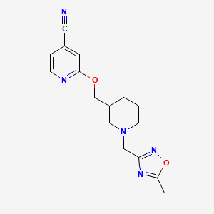 molecular formula C16H19N5O2 B2508743 2-[[1-[(5-Methyl-1,2,4-oxadiazol-3-yl)methyl]piperidin-3-yl]methoxy]pyridine-4-carbonitrile CAS No. 2379977-05-4