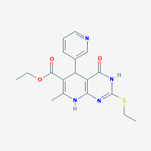 molecular formula C18H20N4O3S B2508760 Ethyl 2-(ethylsulfanyl)-7-methyl-4-oxo-5-(pyridin-3-yl)-3,4,5,8-tetrahydropyrido[2,3-d]pyrimidine-6-carboxylate CAS No. 537046-33-6