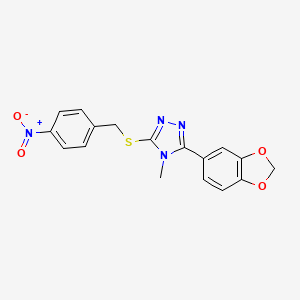 molecular formula C17H14N4O4S B2508770 3-(1,3-Benzodioxol-5-yl)-4-methyl-5-[(4-nitrophenyl)methylsulfanyl]-1,2,4-triazole CAS No. 496776-22-8