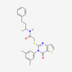 molecular formula C26H27N3O2S2 B2508778 2-{[3-(3,5-dimethylphenyl)-4-oxo-3,4-dihydrothieno[3,2-d]pyrimidin-2-yl]sulfanyl}-N-(4-phenylbutan-2-yl)acetamide CAS No. 1260944-17-9