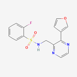 molecular formula C15H12FN3O3S B2508788 2-fluoro-N-((3-(furan-3-yl)pyrazin-2-yl)methyl)benzenesulfonamide CAS No. 2034238-11-2