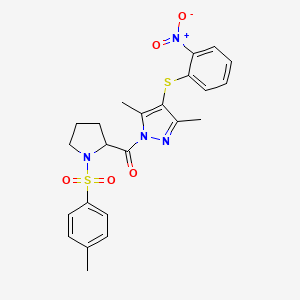 B2509088 (3,5-dimethyl-4-((2-nitrophenyl)thio)-1H-pyrazol-1-yl)(1-tosylpyrrolidin-2-yl)methanone CAS No. 1093264-75-5