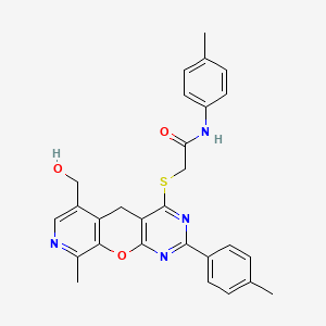 2-{[11-(hydroxymethyl)-14-methyl-5-(4-methylphenyl)-2-oxa-4,6,13-triazatricyclo[8.4.0.0^{3,8}]tetradeca-1(10),3(8),4,6,11,13-hexaen-7-yl]sulfanyl}-N-(4-methylphenyl)acetamide