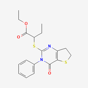 molecular formula C18H20N2O3S2 B2509338 ethyl 2-({4-oxo-3-phenyl-3H,4H,6H,7H-thieno[3,2-d]pyrimidin-2-yl}sulfanyl)butanoate CAS No. 686770-99-0