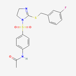 molecular formula C18H18FN3O3S2 B2509626 N-{4-[(2-{[(3-fluorophenyl)methyl]sulfanyl}-4,5-dihydro-1H-imidazol-1-yl)sulfonyl]phenyl}acetamide CAS No. 868216-78-8