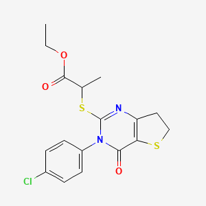 molecular formula C17H17ClN2O3S2 B2509667 Ethyl 2-((3-(4-chlorophenyl)-4-oxo-3,4,6,7-tetrahydrothieno[3,2-d]pyrimidin-2-yl)thio)propanoate CAS No. 687565-14-6