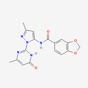 molecular formula C17H15N5O4 B2509827 N-(3-methyl-1-(4-methyl-6-oxo-1,6-dihydropyrimidin-2-yl)-1H-pyrazol-5-yl)benzo[d][1,3]dioxole-5-carboxamide CAS No. 1004637-87-9