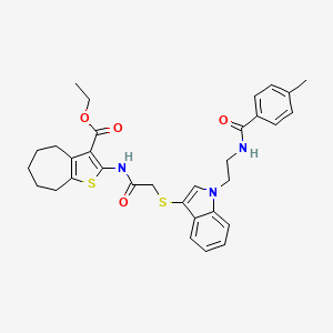 molecular formula C32H35N3O4S2 B2509842 ethyl 2-{2-[(1-{2-[(4-methylphenyl)formamido]ethyl}-1H-indol-3-yl)sulfanyl]acetamido}-4H,5H,6H,7H,8H-cyclohepta[b]thiophene-3-carboxylate CAS No. 532971-22-5