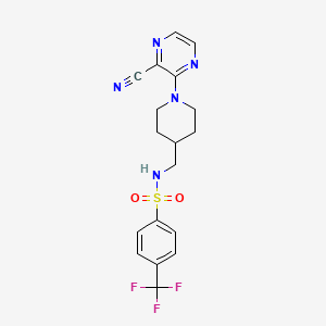 molecular formula C18H18F3N5O2S B2509996 N-((1-(3-cyanopyrazin-2-yl)piperidin-4-yl)methyl)-4-(trifluoromethyl)benzenesulfonamide CAS No. 1797219-09-0