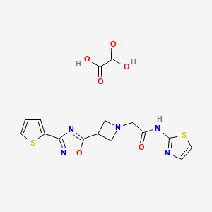 molecular formula C16H15N5O6S2 B2510017 N-(thiazol-2-yl)-2-(3-(3-(thiophen-2-yl)-1,2,4-oxadiazol-5-yl)azetidin-1-yl)acetamide oxalate CAS No. 1351608-73-5