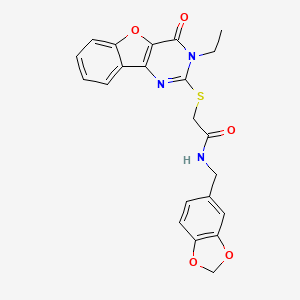 molecular formula C22H19N3O5S B2510320 N-(1,3-benzodioxol-5-ylmethyl)-2-[(3-ethyl-4-oxo-3,4-dihydro[1]benzofuro[3,2-d]pyrimidin-2-yl)sulfanyl]acetamide CAS No. 923186-39-4