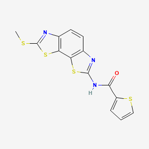 molecular formula C14H9N3OS4 B2510372 N-[11-(methylsulfanyl)-3,12-dithia-5,10-diazatricyclo[7.3.0.0^{2,6}]dodeca-1(9),2(6),4,7,10-pentaen-4-yl]thiophene-2-carboxamide CAS No. 477503-37-0