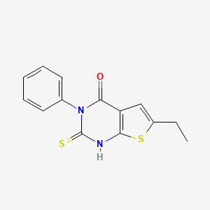 molecular formula C14H12N2OS2 B2510656 6-ethyl-3-phenyl-2-sulfanyl-3H,4H-thieno[2,3-d]pyrimidin-4-one CAS No. 330449-38-2