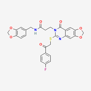 molecular formula C28H22FN3O7S B2510797 N-[(2H-1,3-benzodioxol-5-yl)methyl]-3-(6-{[2-(4-fluorophenyl)-2-oxoethyl]sulfanyl}-8-oxo-2H,7H,8H-[1,3]dioxolo[4,5-g]quinazolin-7-yl)propanamide CAS No. 896705-35-4