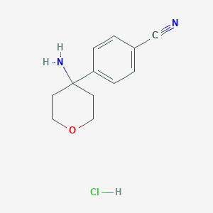 molecular formula C12H15ClN2O B2510921 4-(4-Aminooxan-4-yl)benzonitrile hydrochloride CAS No. 2044712-77-6