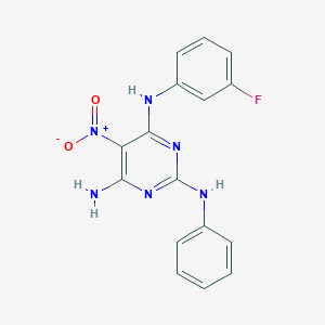 molecular formula C16H13FN6O2 B2511010 N4-(3-fluorophenyl)-5-nitro-N2-phenylpyrimidine-2,4,6-triamine CAS No. 674306-06-0