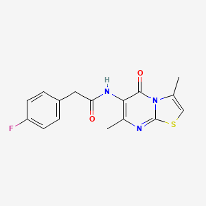 molecular formula C16H14FN3O2S B2511231 N-{3,7-dimethyl-5-oxo-5H-[1,3]thiazolo[3,2-a]pyrimidin-6-yl}-2-(4-fluorophenyl)acetamide CAS No. 946223-28-5