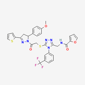 molecular formula C31H25F3N6O4S2 B2511233 N-{[5-({2-[5-(4-methoxyphenyl)-3-(thiophen-2-yl)-4,5-dihydro-1H-pyrazol-1-yl]-2-oxoethyl}sulfanyl)-4-[3-(trifluoromethyl)phenyl]-4H-1,2,4-triazol-3-yl]methyl}furan-2-carboxamide CAS No. 362506-73-8