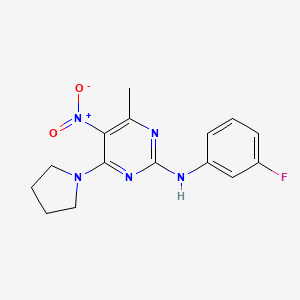 molecular formula C15H16FN5O2 B2511417 N-(3-fluorophenyl)-4-methyl-5-nitro-6-(pyrrolidin-1-yl)pyrimidin-2-amine CAS No. 1203279-34-8