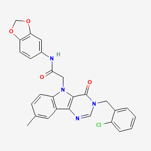 molecular formula C27H21ClN4O4 B2511671 N-(2H-1,3-benzodioxol-5-yl)-2-{3-[(2-chlorophenyl)methyl]-8-methyl-4-oxo-3H,4H,5H-pyrimido[5,4-b]indol-5-yl}acetamide CAS No. 1216526-24-7