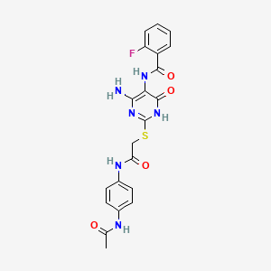 molecular formula C21H19FN6O4S B2511791 N-[4-amino-2-({[(4-acetamidophenyl)carbamoyl]methyl}sulfanyl)-6-oxo-1,6-dihydropyrimidin-5-yl]-2-fluorobenzamide CAS No. 888424-40-6