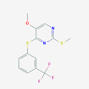 molecular formula C13H11F3N2OS2 B2511839 Methyl 2-(methylsulfanyl)-4-{[3-(trifluoromethyl)phenyl]sulfanyl}-5-pyrimidinyl ether CAS No. 338955-60-5