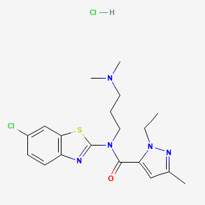 molecular formula C19H25Cl2N5OS B2512032 N-(6-chloro-1,3-benzothiazol-2-yl)-N-[3-(dimethylamino)propyl]-1-ethyl-3-methyl-1H-pyrazole-5-carboxamide hydrochloride CAS No. 1331148-39-0