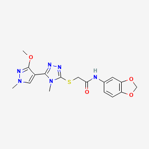 molecular formula C17H18N6O4S B2512039 N-(2H-1,3-benzodioxol-5-yl)-2-{[5-(3-methoxy-1-methyl-1H-pyrazol-4-yl)-4-methyl-4H-1,2,4-triazol-3-yl]sulfanyl}acetamide CAS No. 1014053-05-4