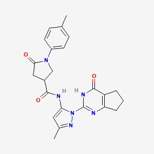 molecular formula C23H24N6O3 B2512140 N-(3-methyl-1-(4-oxo-4,5,6,7-tetrahydro-3H-cyclopenta[d]pyrimidin-2-yl)-1H-pyrazol-5-yl)-5-oxo-1-(p-tolyl)pyrrolidine-3-carboxamide CAS No. 1005998-03-7