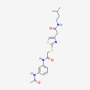 molecular formula C20H26N4O3S2 B2512171 N-(3-acetamidophenyl)-2-((4-(2-(isopentylamino)-2-oxoethyl)thiazol-2-yl)thio)acetamide CAS No. 953926-10-8