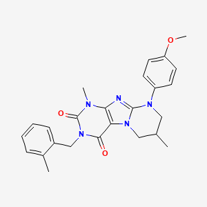 molecular formula C25H27N5O3 B2512180 9-(4-methoxyphenyl)-1,7-dimethyl-3-(2-methylbenzyl)-6,7,8,9-tetrahydropyrimido[2,1-f]purine-2,4(1H,3H)-dione CAS No. 845648-40-0