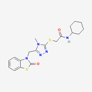 molecular formula C19H23N5O2S2 B2512272 N-cyclohexyl-2-((4-methyl-5-((2-oxobenzo[d]thiazol-3(2H)-yl)methyl)-4H-1,2,4-triazol-3-yl)thio)acetamide CAS No. 847400-58-2