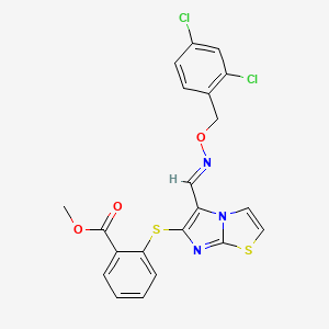 molecular formula C21H15Cl2N3O3S2 B2512412 Methyl 2-{[5-({[(2,4-dichlorobenzyl)oxy]imino}methyl)imidazo[2,1-b][1,3]thiazol-6-yl]sulfanyl}benzenecarboxylate CAS No. 338976-21-9
