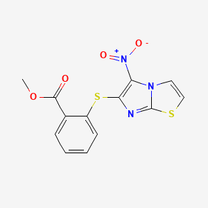 molecular formula C13H9N3O4S2 B2512461 Methyl 2-[(5-nitroimidazo[2,1-b][1,3]thiazol-6-yl)sulfanyl]benzenecarboxylate CAS No. 343376-24-9