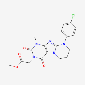 molecular formula C18H18ClN5O4 B2512468 methyl 2-[9-(4-chlorophenyl)-1-methyl-2,4-dioxo-1H,2H,3H,4H,6H,7H,8H,9H-pyrimido[1,2-g]purin-3-yl]acetate CAS No. 850827-91-7