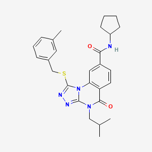 molecular formula C27H31N5O2S B2512516 N-cyclopentyl-4-isobutyl-1-((3-methylbenzyl)thio)-5-oxo-4,5-dihydro-[1,2,4]triazolo[4,3-a]quinazoline-8-carboxamide CAS No. 1114830-37-3