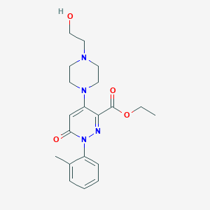 molecular formula C20H26N4O4 B2512644 Ethyl 4-(4-(2-hydroxyethyl)piperazin-1-yl)-6-oxo-1-(o-tolyl)-1,6-dihydropyridazine-3-carboxylate CAS No. 922015-11-0
