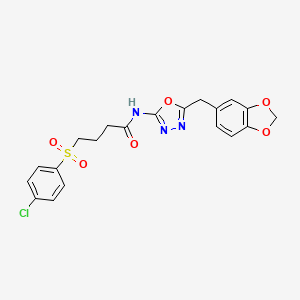 molecular formula C20H18ClN3O6S B2512676 N-(5-(benzo[d][1,3]dioxol-5-ylmethyl)-1,3,4-oxadiazol-2-yl)-4-((4-chlorophenyl)sulfonyl)butanamide CAS No. 922020-21-1
