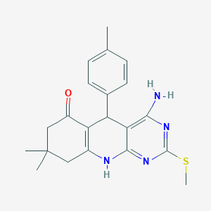 molecular formula C21H24N4OS B2513250 4-amino-8,8-dimethyl-5-(4-methylphenyl)-2-(methylsulfanyl)-5H,6H,7H,8H,9H,10H-pyrimido[4,5-b]quinolin-6-one CAS No. 618400-90-1