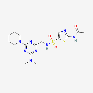 molecular formula C16H24N8O3S2 B2513425 N-(5-(N-((4-(dimethylamino)-6-(piperidin-1-yl)-1,3,5-triazin-2-yl)methyl)sulfamoyl)thiazol-2-yl)acetamide CAS No. 2034542-62-4